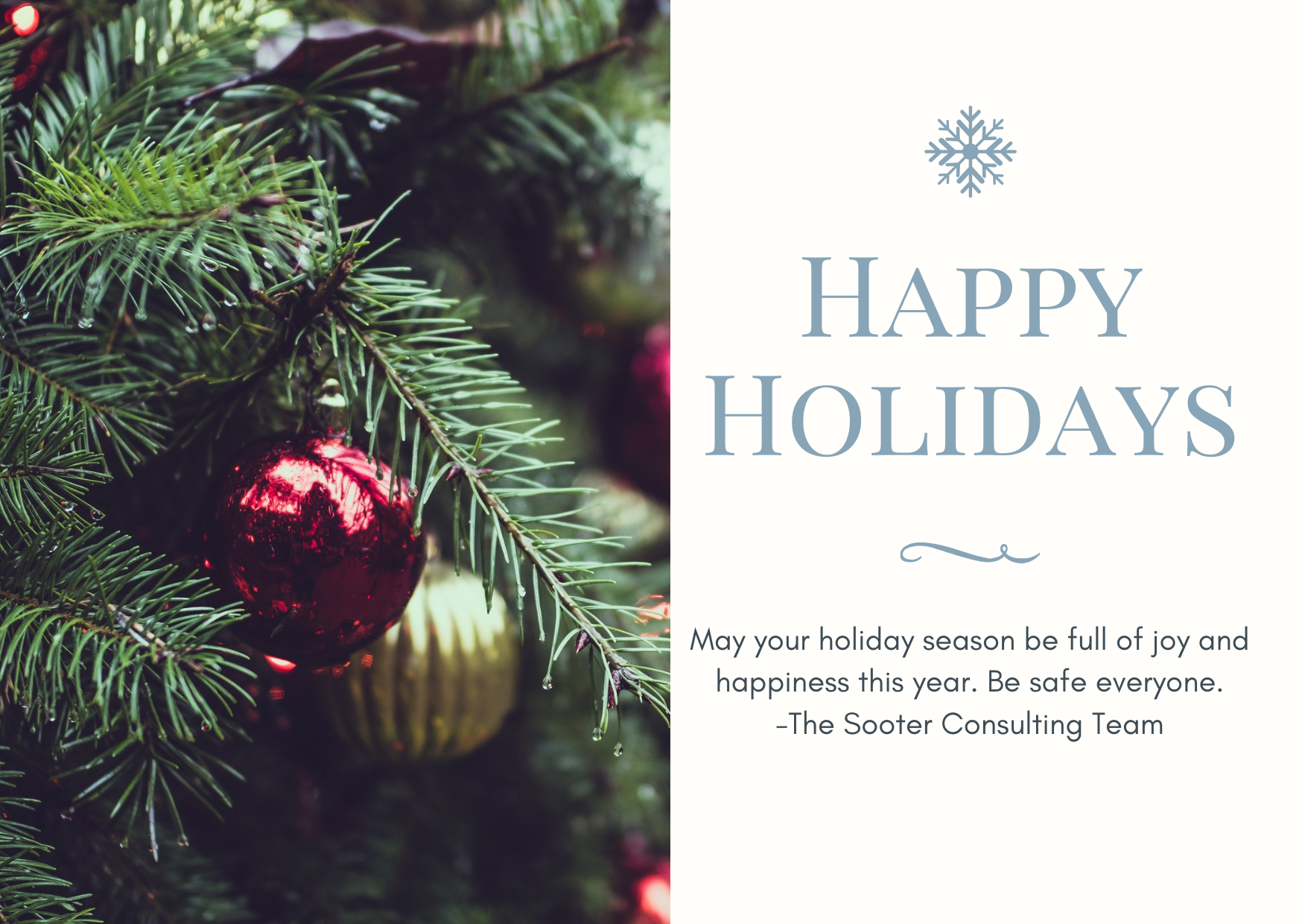 happy holidays from sooter consulting team with picture of christmas tree